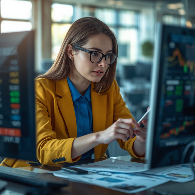 Women with blue shirt and yellow jacket and glasses looking at computer
