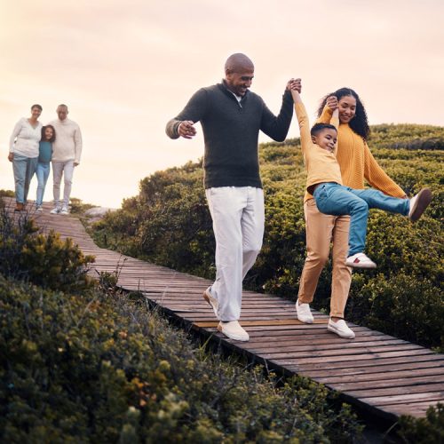 Multi-generation family on walking path
